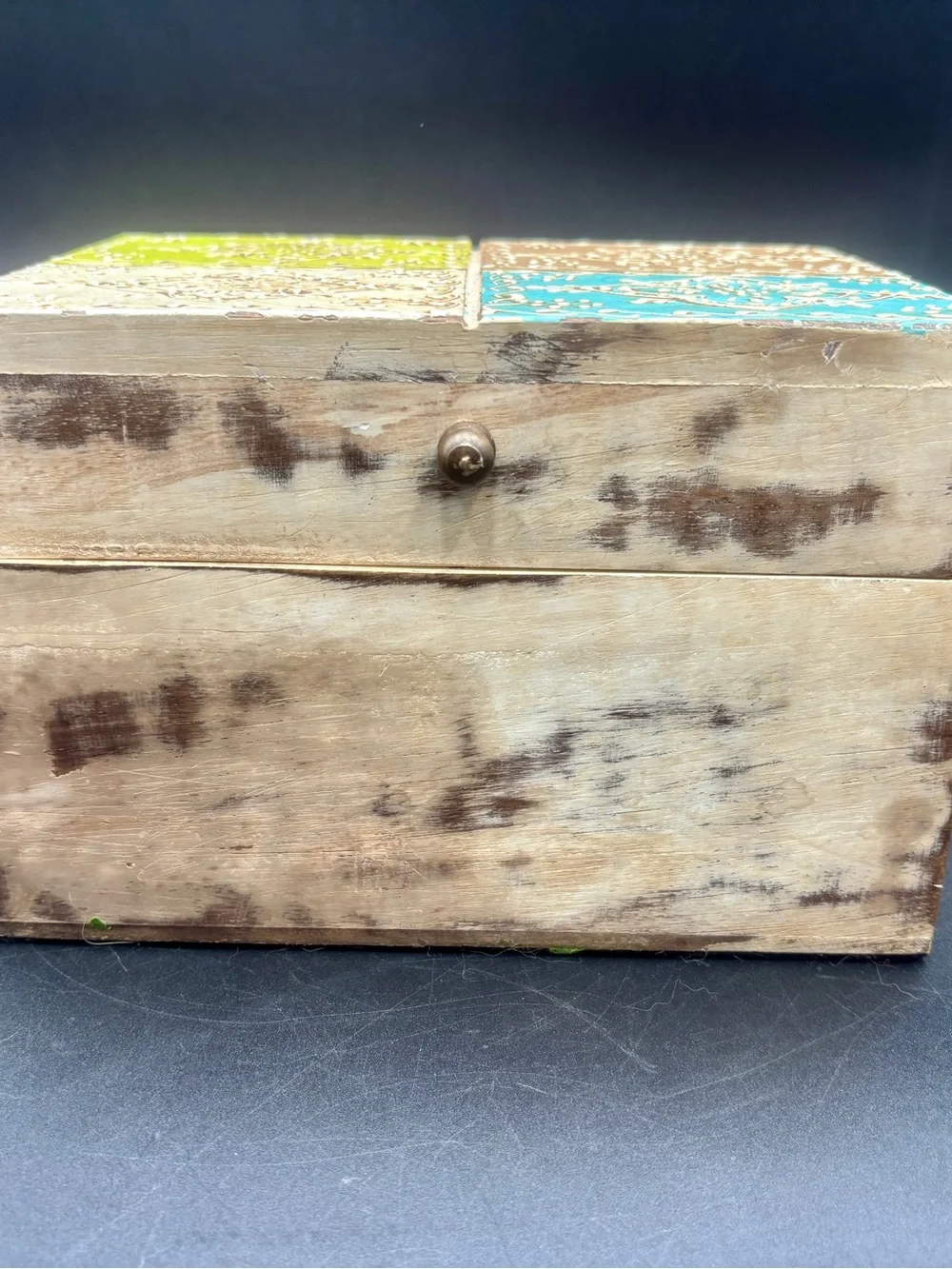 Vintage Indian Reclaimed Wood Spice Box Hatadi Hinged Storage Box Painted Tiles